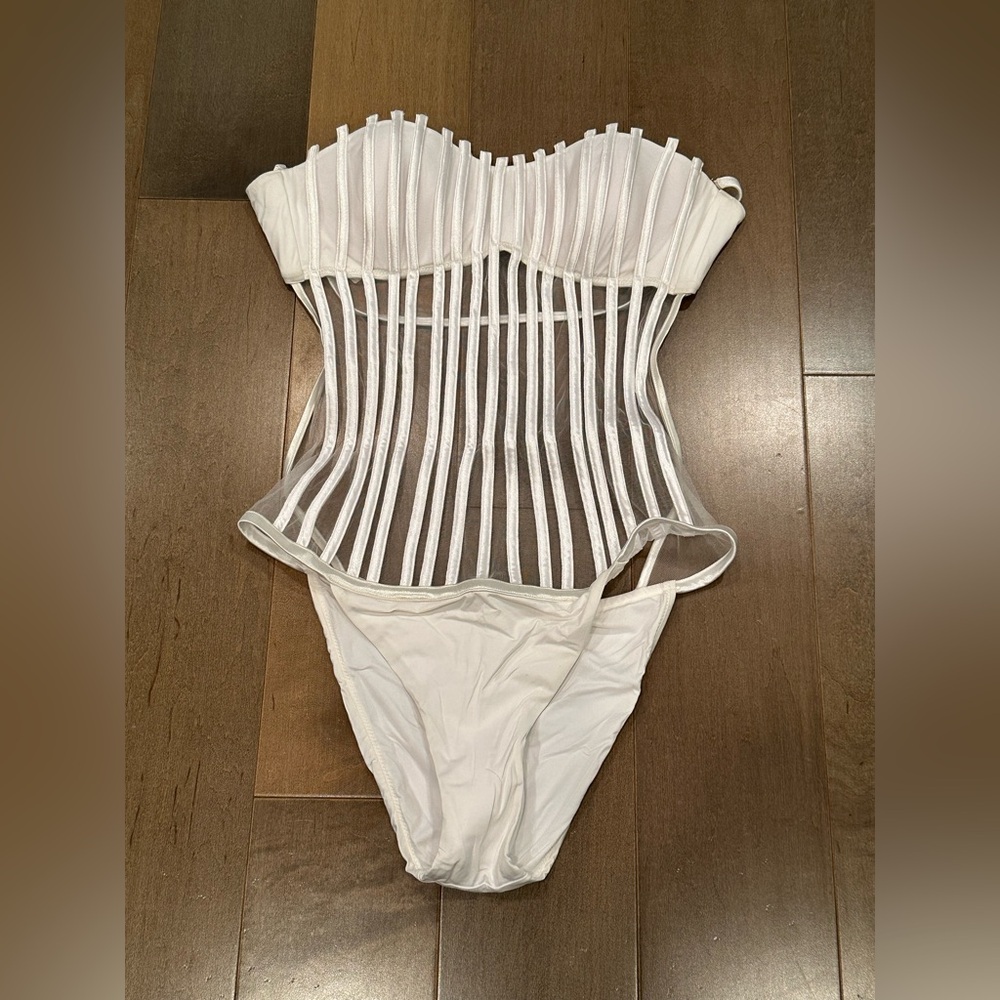 White Sheer Boned Corset Bodysuit – Strapless Lycra One-Piece
